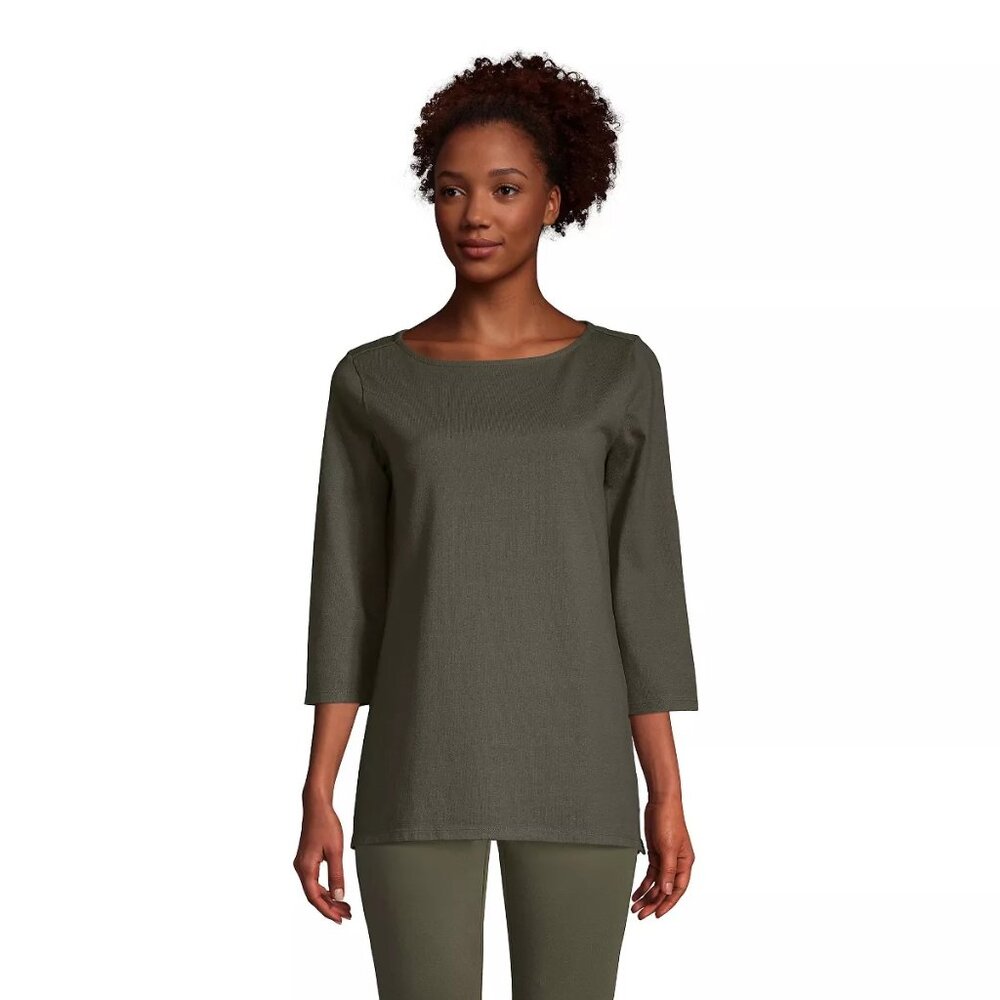 Women's Petite 3/4 Sleeve Heritage Jersey Boatneck Tunic, LP, Forest Moss, EUC